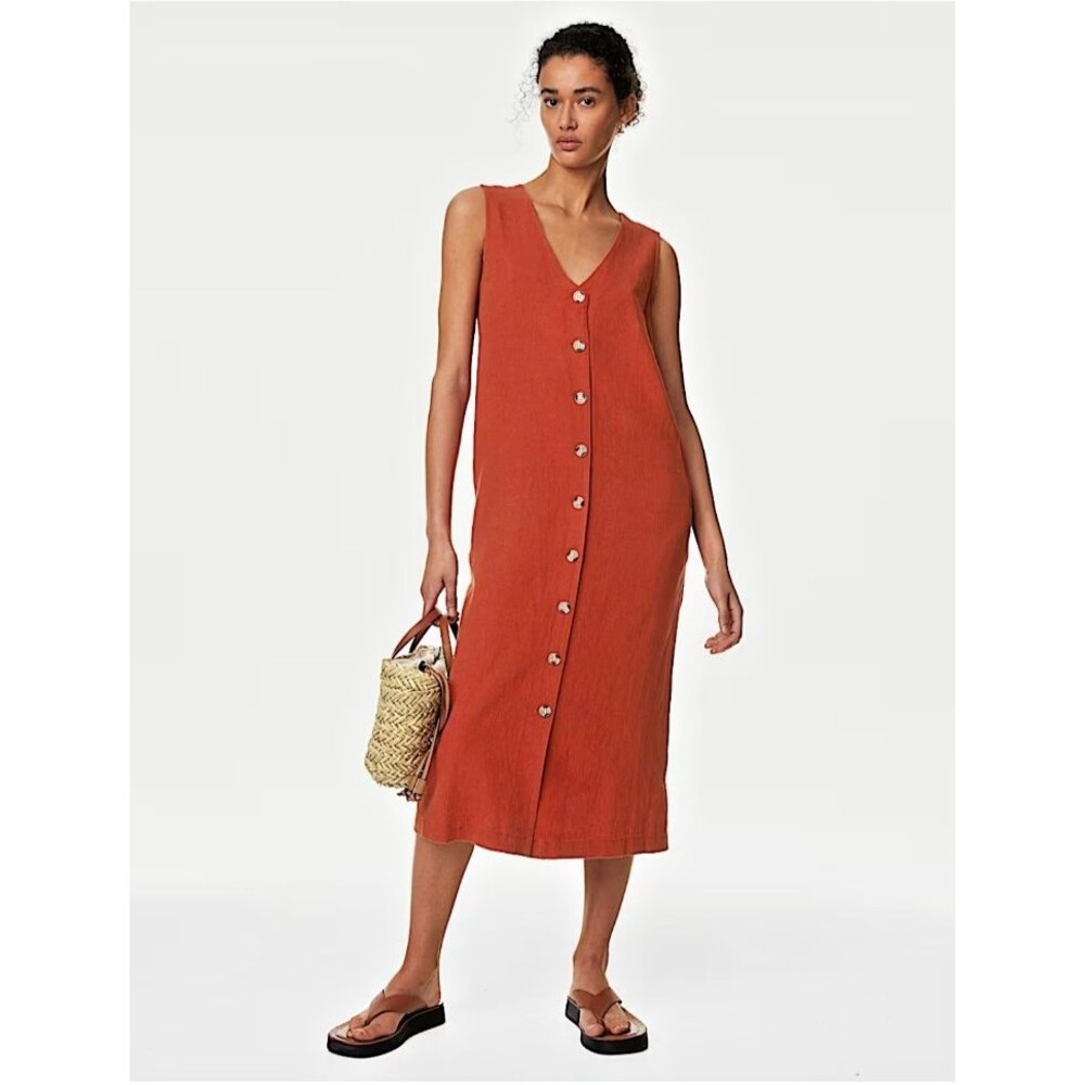 M & S Collection Linen Rich V-Neck Button Midi Dress 22 Plus Pockets BRITISH RED